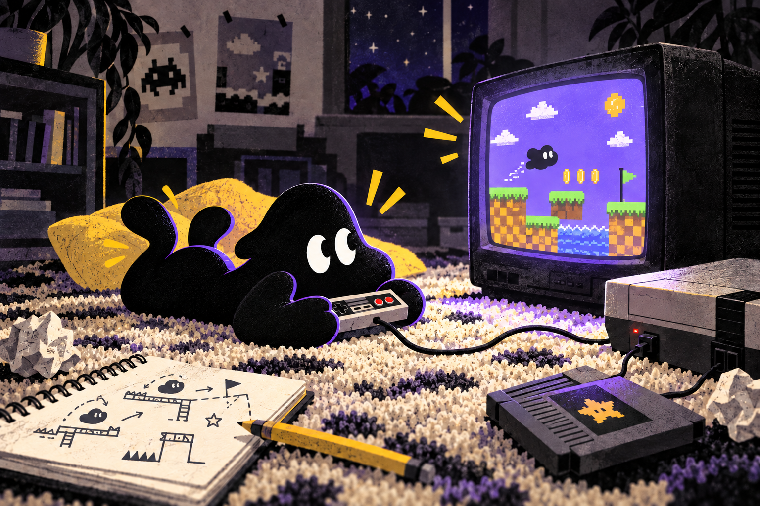 Lu lies on the carpet with feet kicked up, playing a game on a glowing CRT beside a notebook, NES and cartridge.